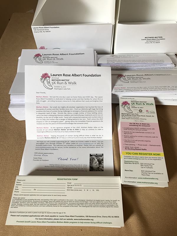Mothers Matter 5K information and registration forms ready for mailing